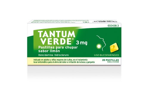 TANTUM VERDE 3 mg PASTILLAS PARA CHUPAR SABOR LIMON, 20 pastillas (PE/Papel/Al)